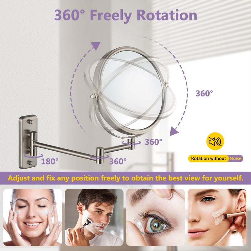 Alhakin Wall Mounted Makeup Mirror, 1X/5X Magnifying Mirror Double Sided, 8 Inch Extendable Bathroom Mirror for Shaving, Nickel - Image 3